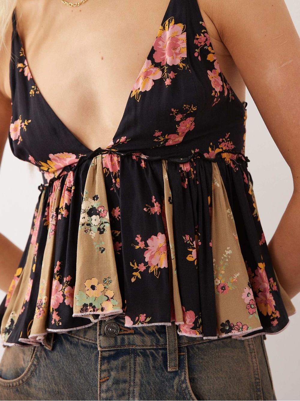 Free People v neck peplum cami top in black combo